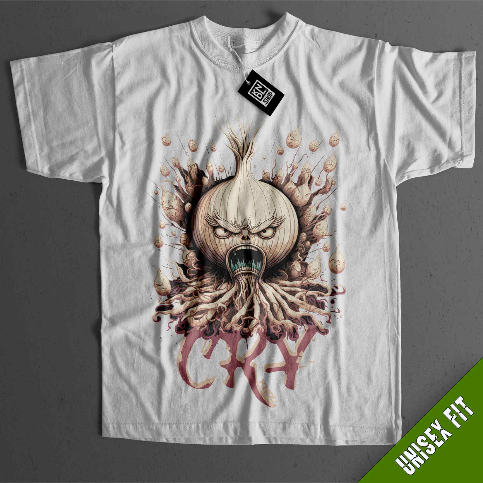 a white t - shirt with an image of an onion on it