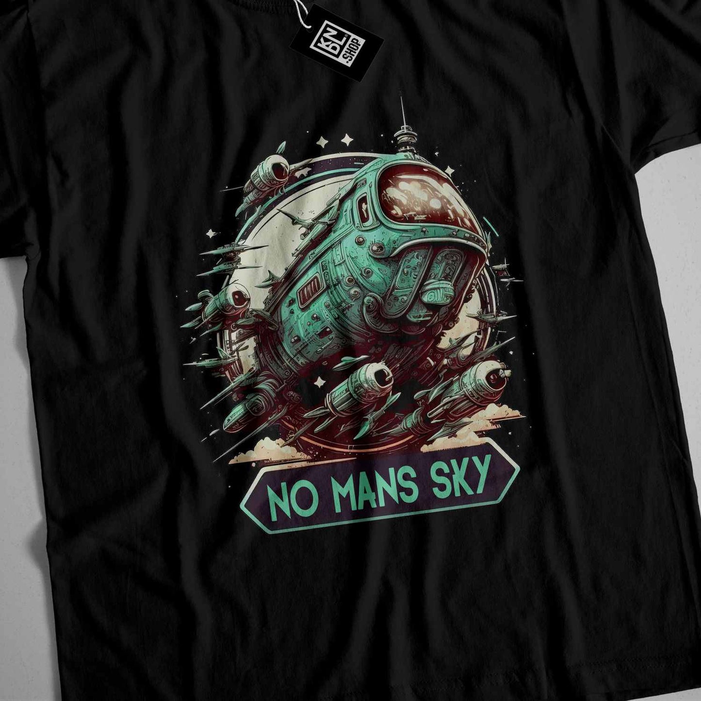 a black t - shirt with an image of a space ship on it