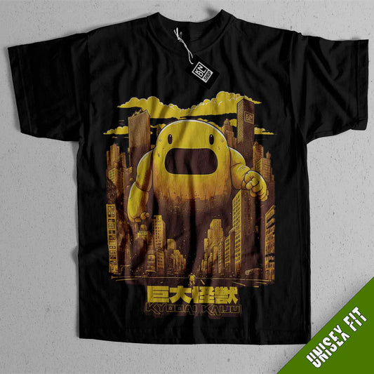 a black t - shirt with a picture of a yellow monster on it