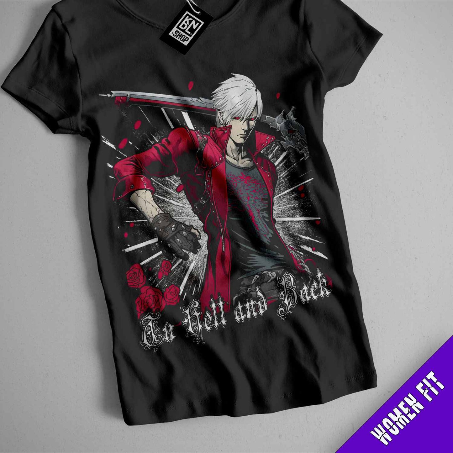 a black shirt with a picture of a man holding a sword