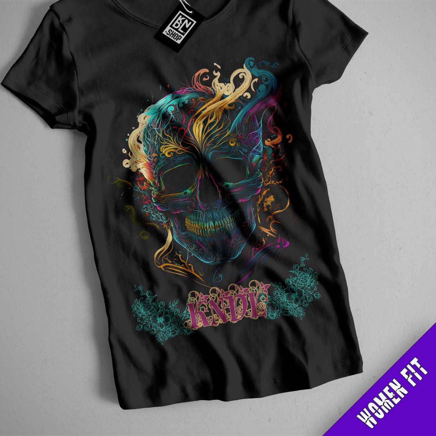 a black t - shirt with a colorful skull on it