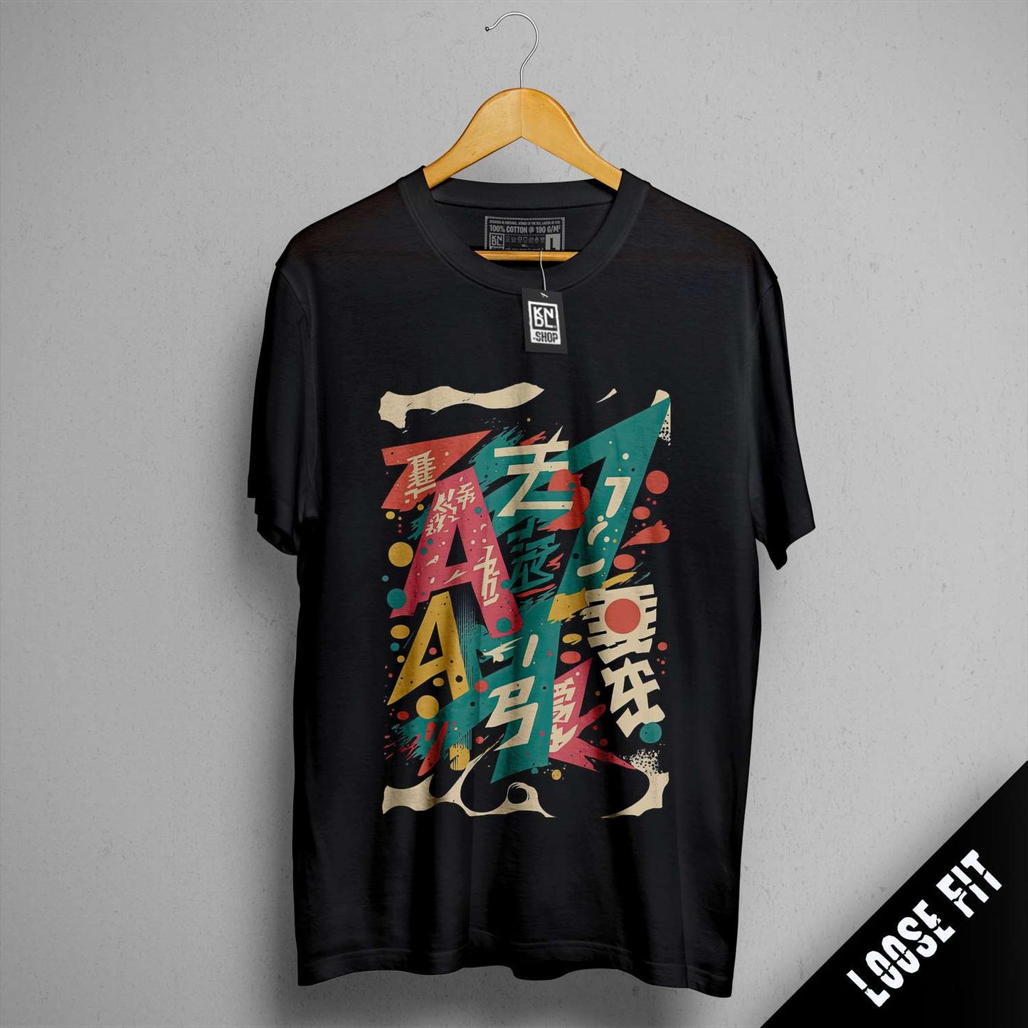 a black t - shirt with asian writing on it