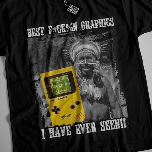 a t - shirt with a picture of a native american indian holding a gameboy