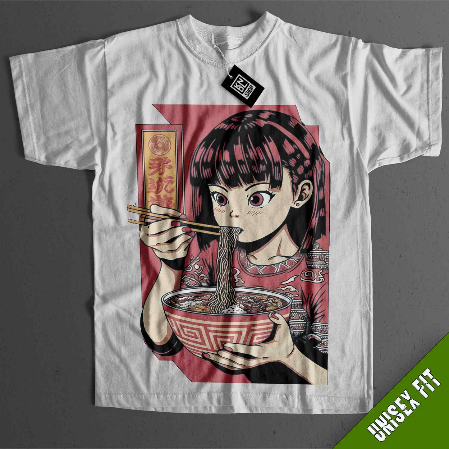 a t - shirt with a picture of a girl eating noodles