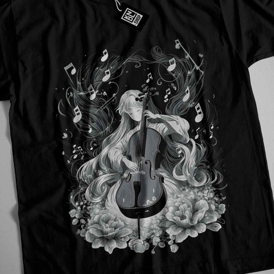 a black t - shirt with a woman playing a violin