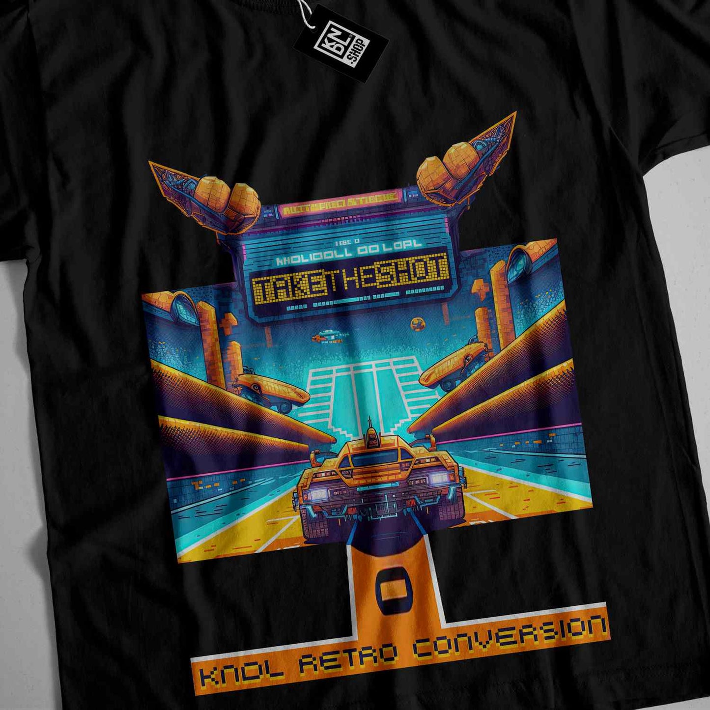 a black t - shirt with an image of a car driving through a futuristic city