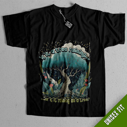 a black t - shirt with an image of a tree and birds