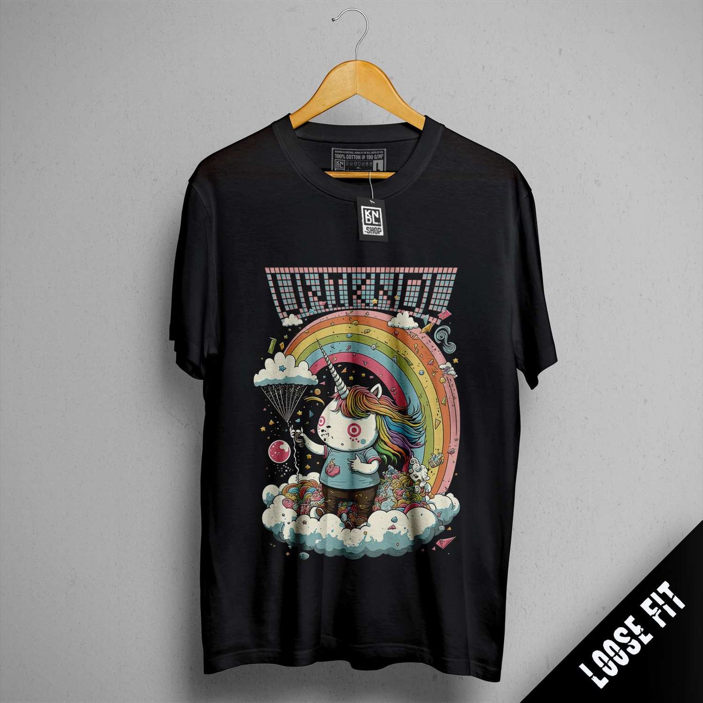 a black t - shirt with a rainbow and a dog on it