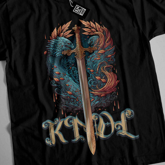 a black t - shirt with a sword on it