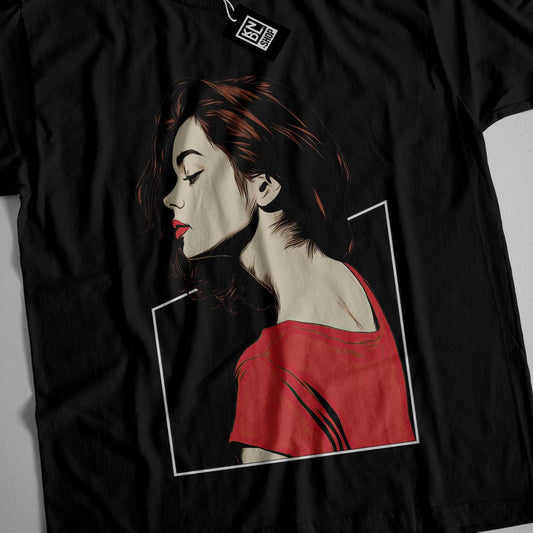 a black t - shirt with a picture of a woman's face