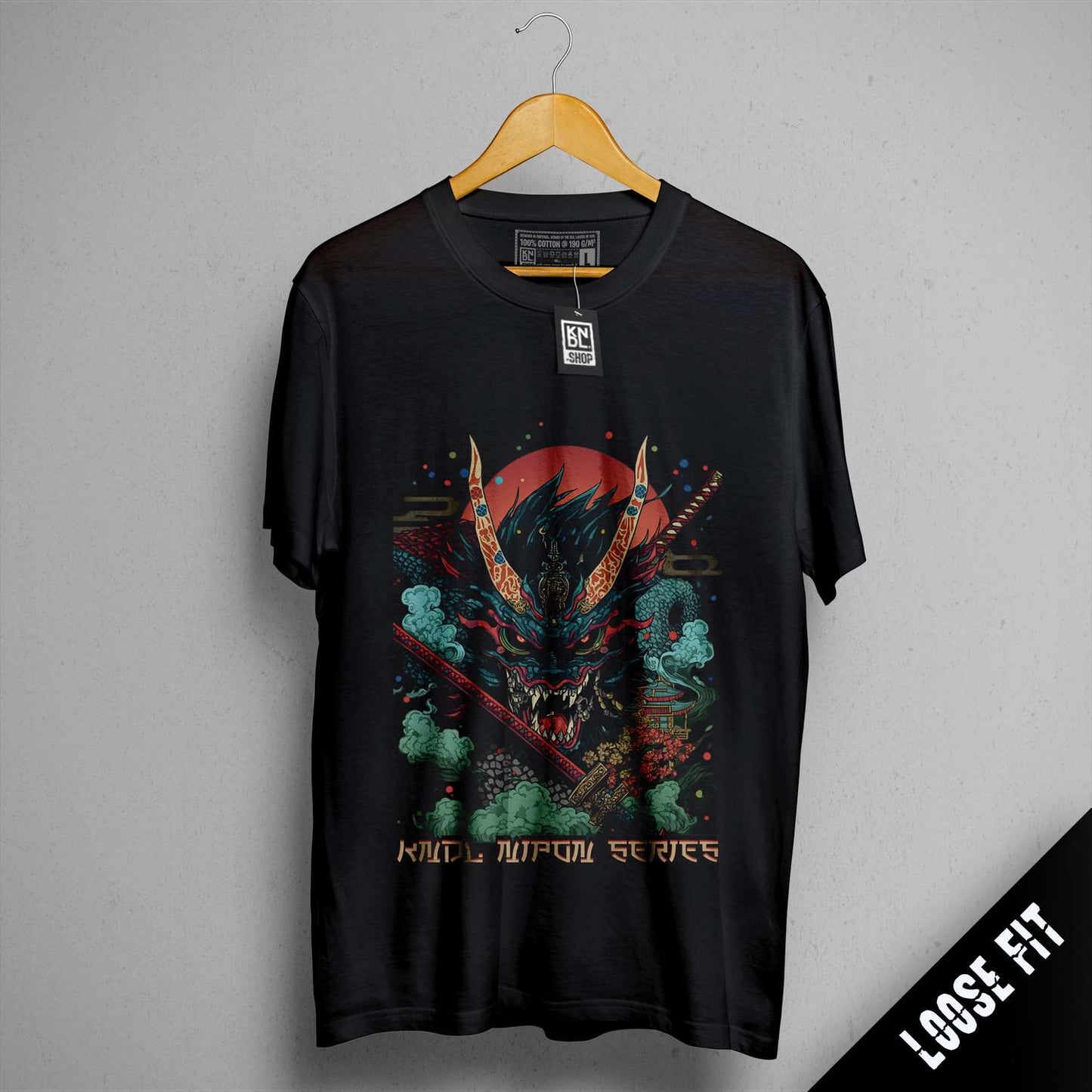 a black t - shirt with a picture of a demon holding a sword