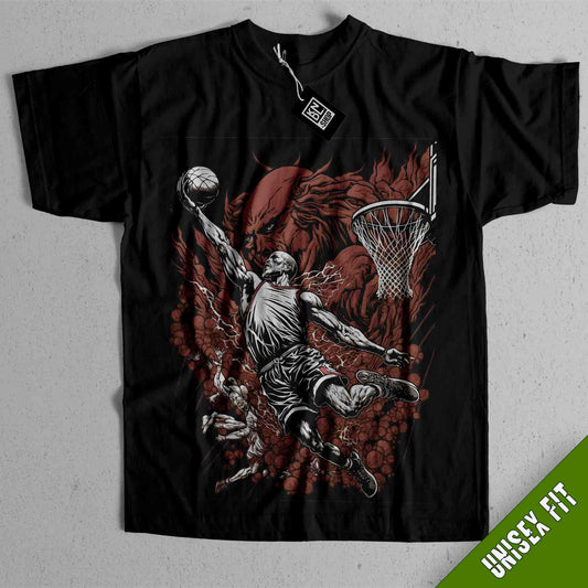 a black t - shirt with a drawing of a basketball player dunking a basketball