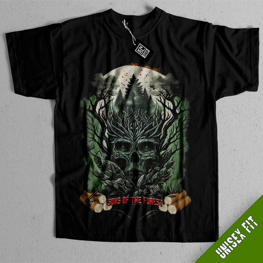 a black t - shirt with an image of a skull and trees