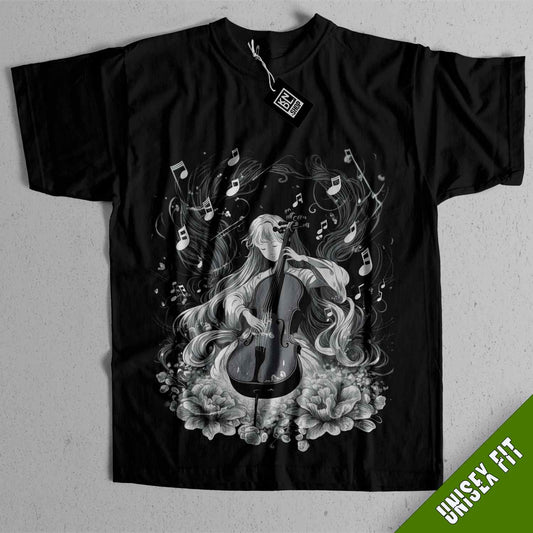 a black t - shirt with an image of a woman holding a violin