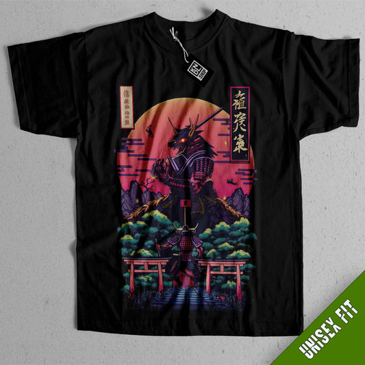 a black t - shirt with an image of a samurai on it