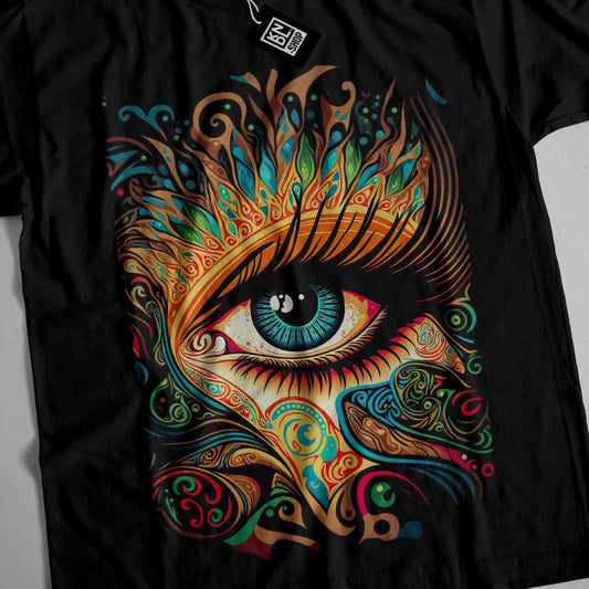 a black t - shirt with a colorful eye on it
