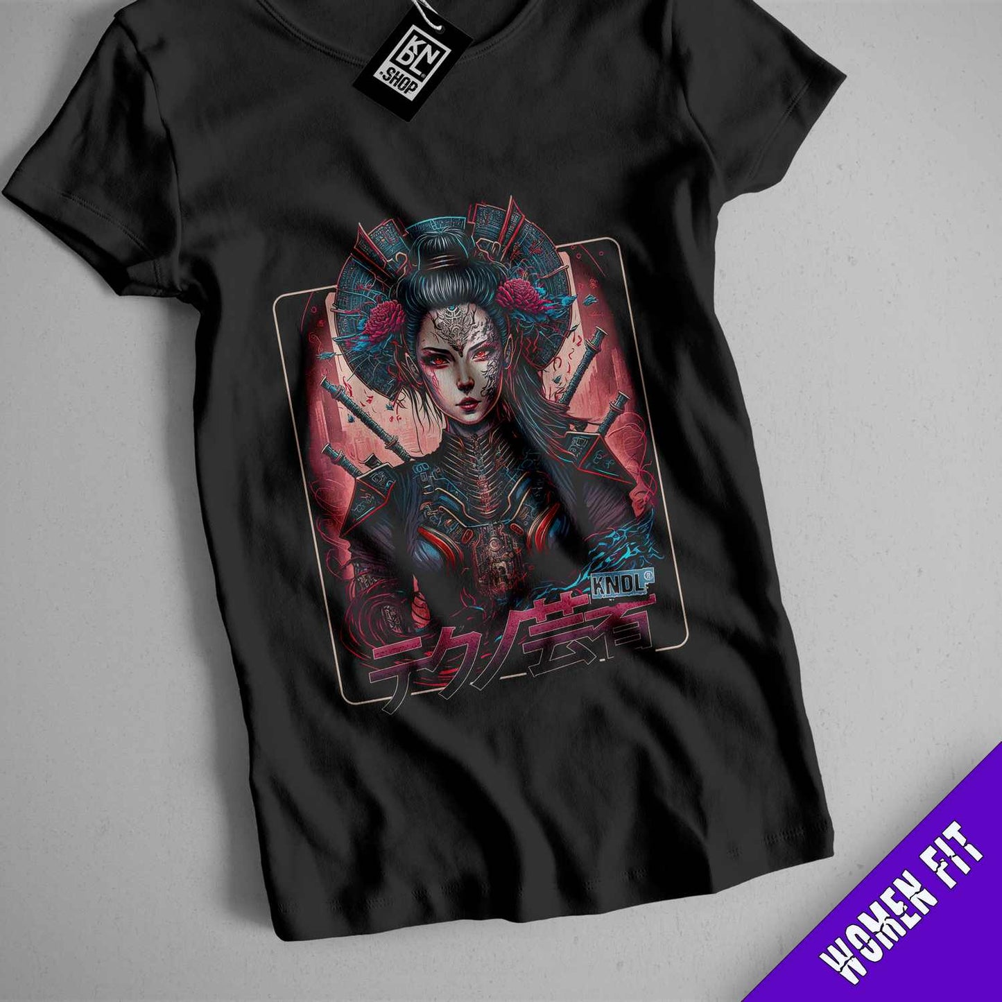 a black t - shirt with a picture of a woman wearing a costume