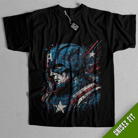 a black t - shirt with an image of captain america on it