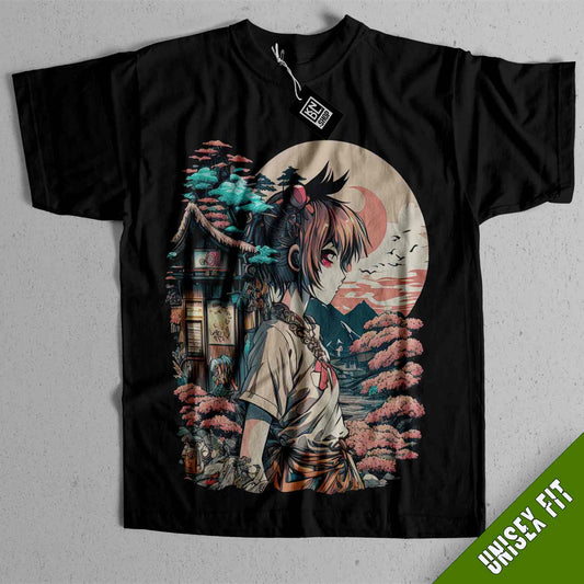 a black tshirt with an image of a girl holding a sword