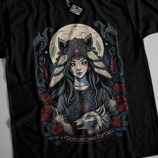 a t - shirt with a woman and a wolf on it