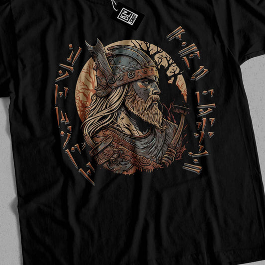 a black t - shirt with a picture of a viking