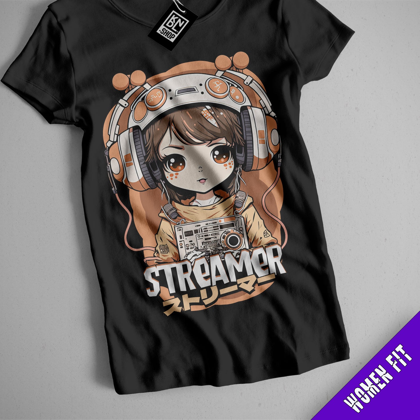 a t - shirt with a picture of a girl wearing headphones