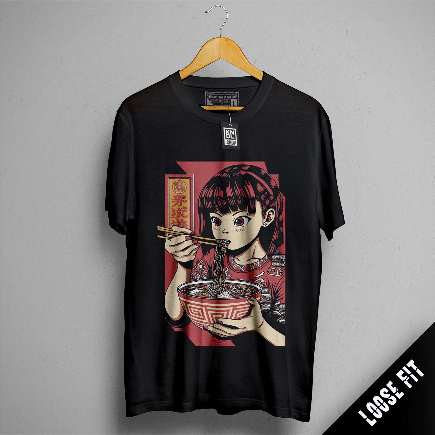 a t - shirt with a picture of a girl eating a bowl of noodles