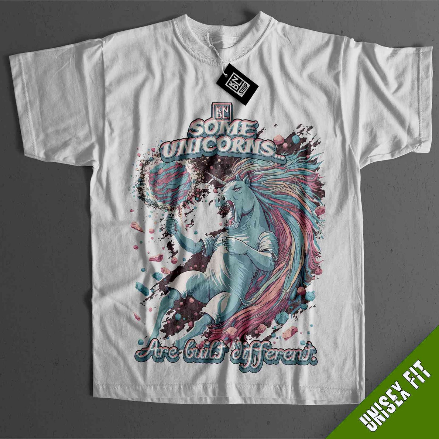 a white t - shirt with a unicorn on it