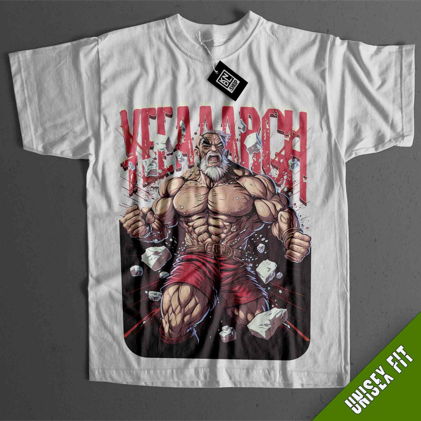 a white shirt with a picture of a wrestler on it