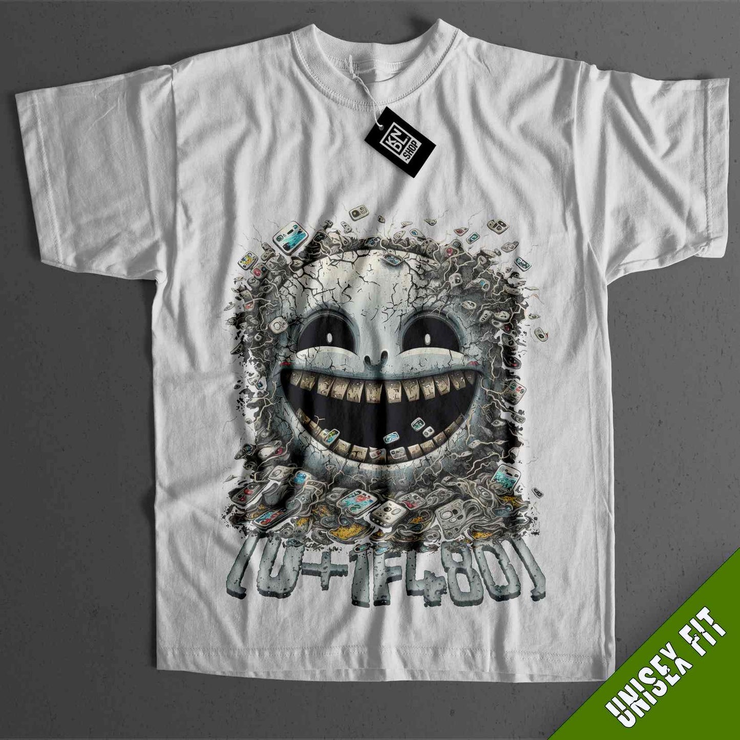 a white t - shirt with an image of a smiling face