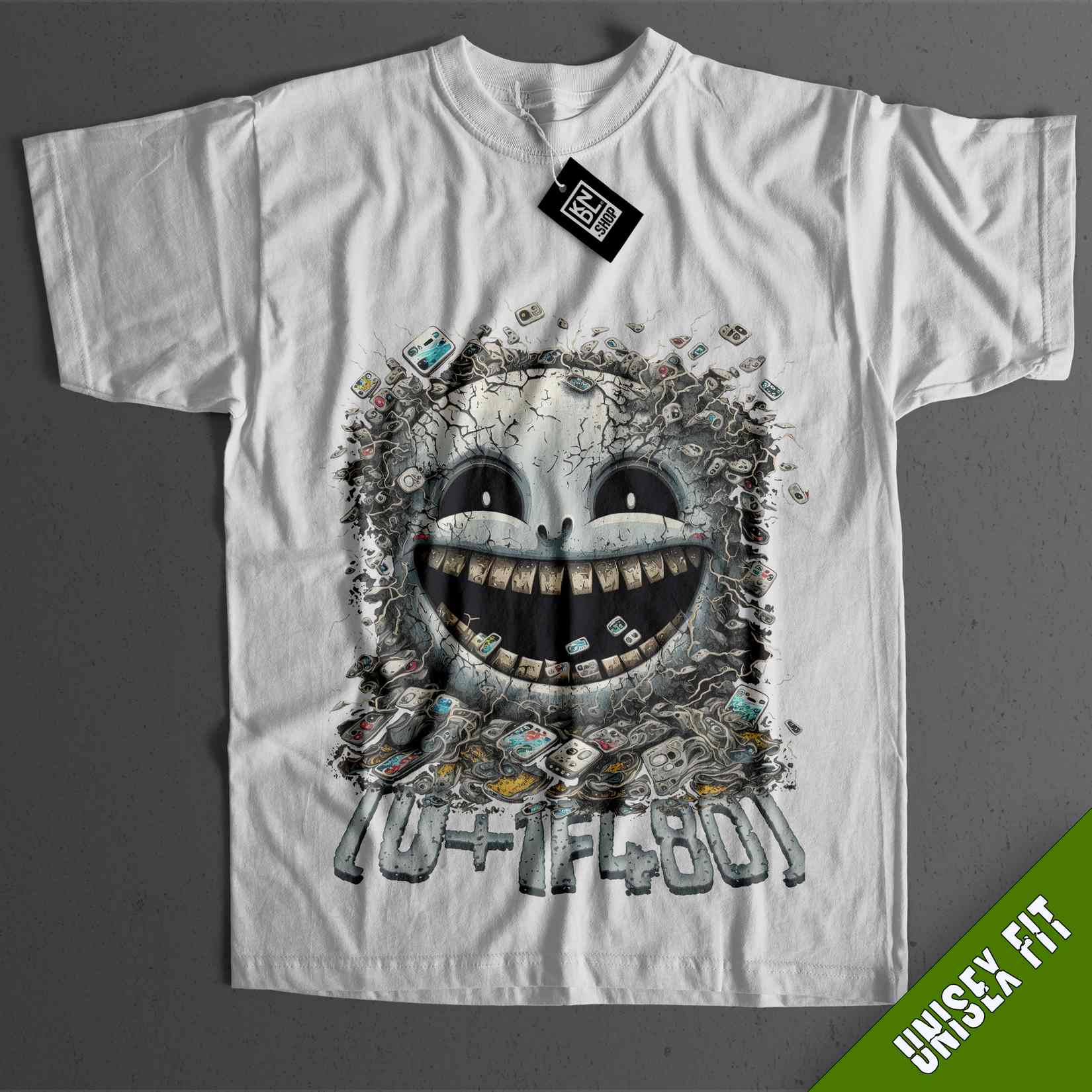 a white t - shirt with an image of a smiling face