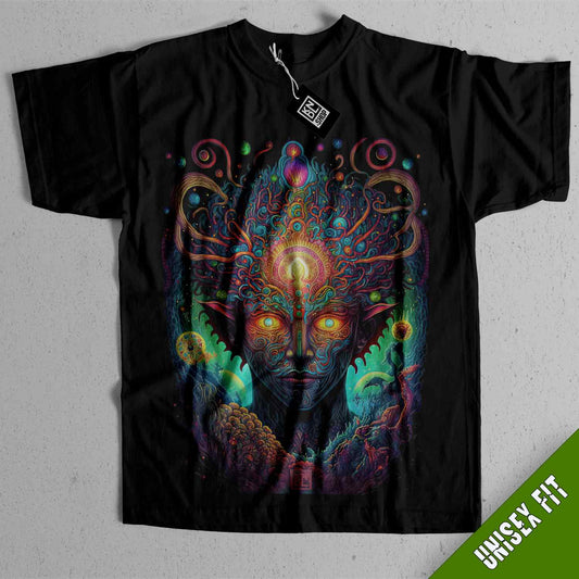 a black t - shirt with a psychedelic image of a woman's face
