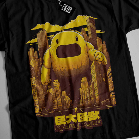 a black t - shirt with a picture of a yellow monster