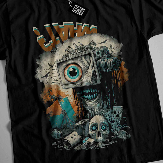 a black t - shirt with an image of a camera and a skull
