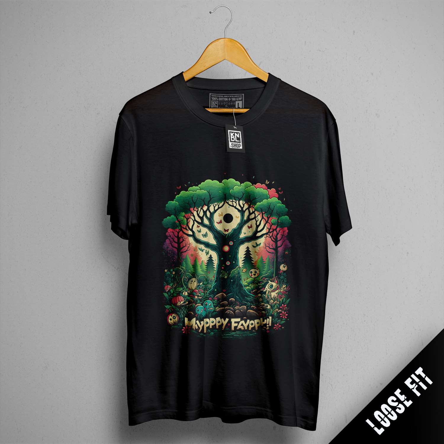 a black t - shirt with an image of a tree and a skull on it