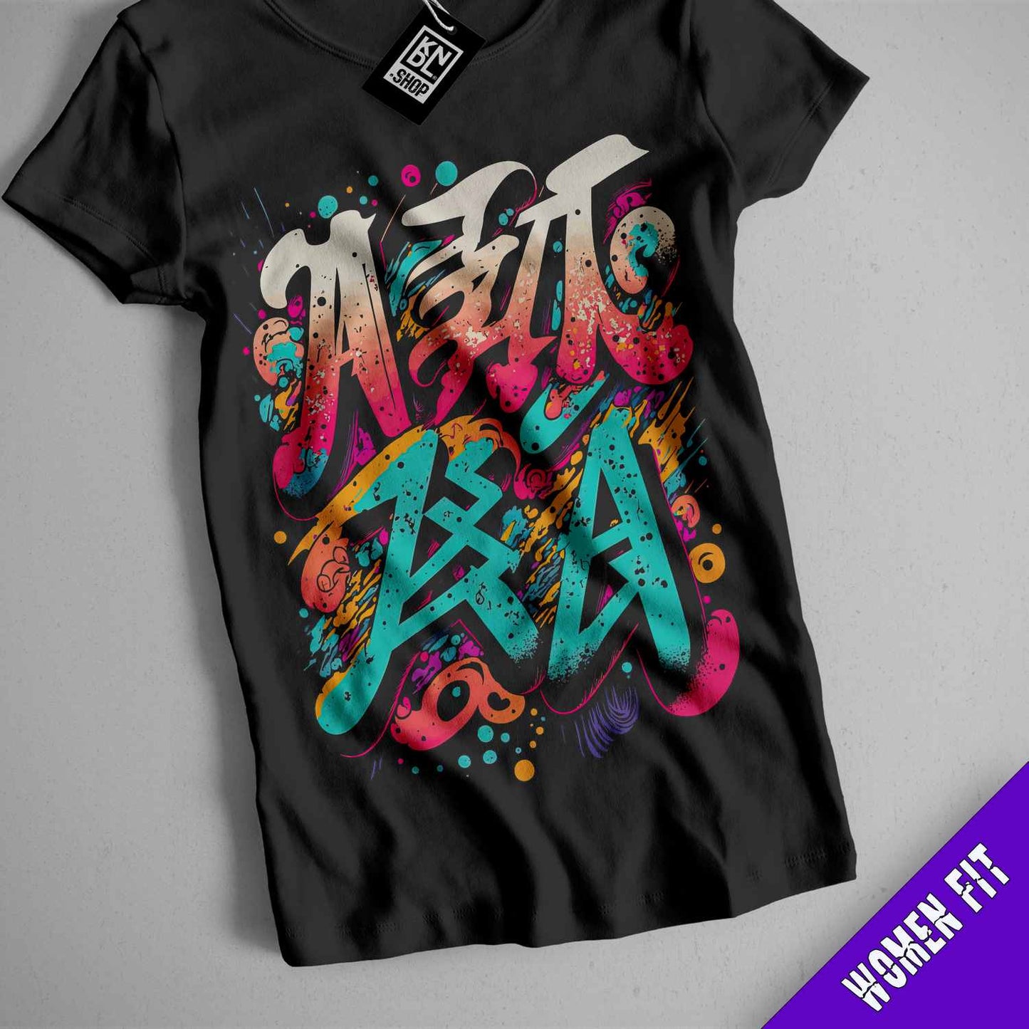 a black t - shirt with a colorful graffiti design