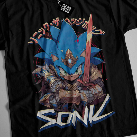 a black t - shirt with a picture of a sonic character holding a sword