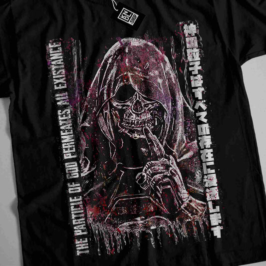 a black t - shirt with a picture of a skeleton holding a cigarette