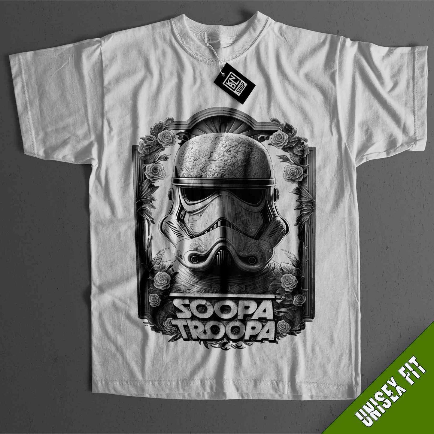 a white t - shirt with a picture of a storm trooper on it