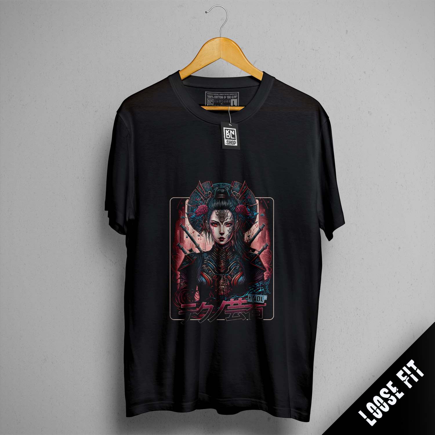 a black t - shirt with a picture of a woman on it