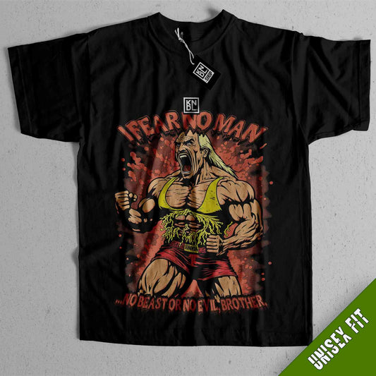 a black shirt with a picture of a wrestler on it