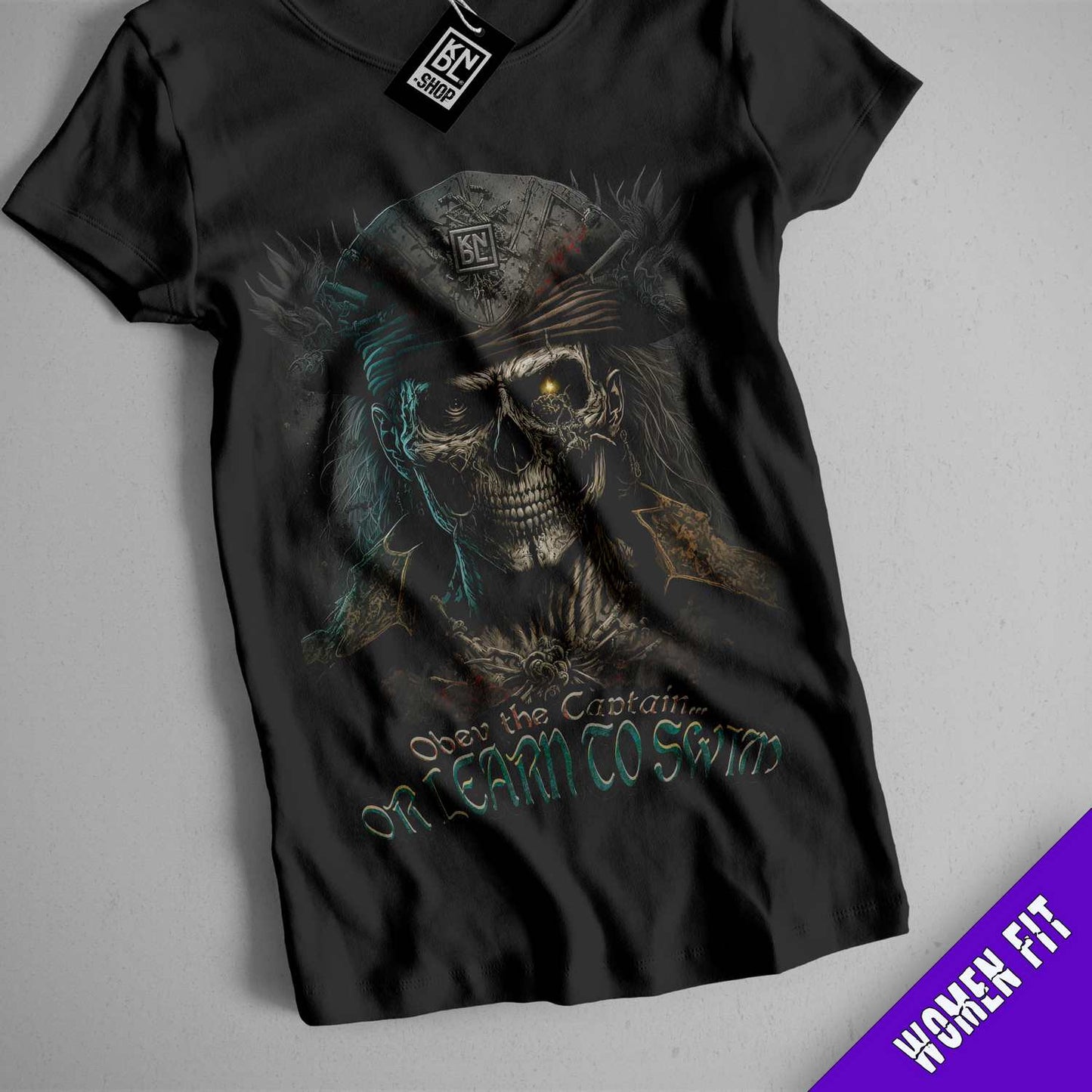 a black t - shirt with a skull wearing a hat