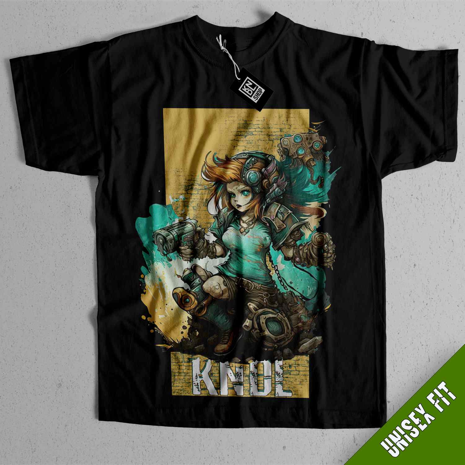 a black t - shirt with an image of a woman holding a sword