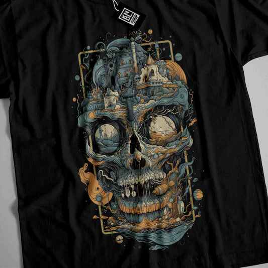 a black t - shirt with a skull on it