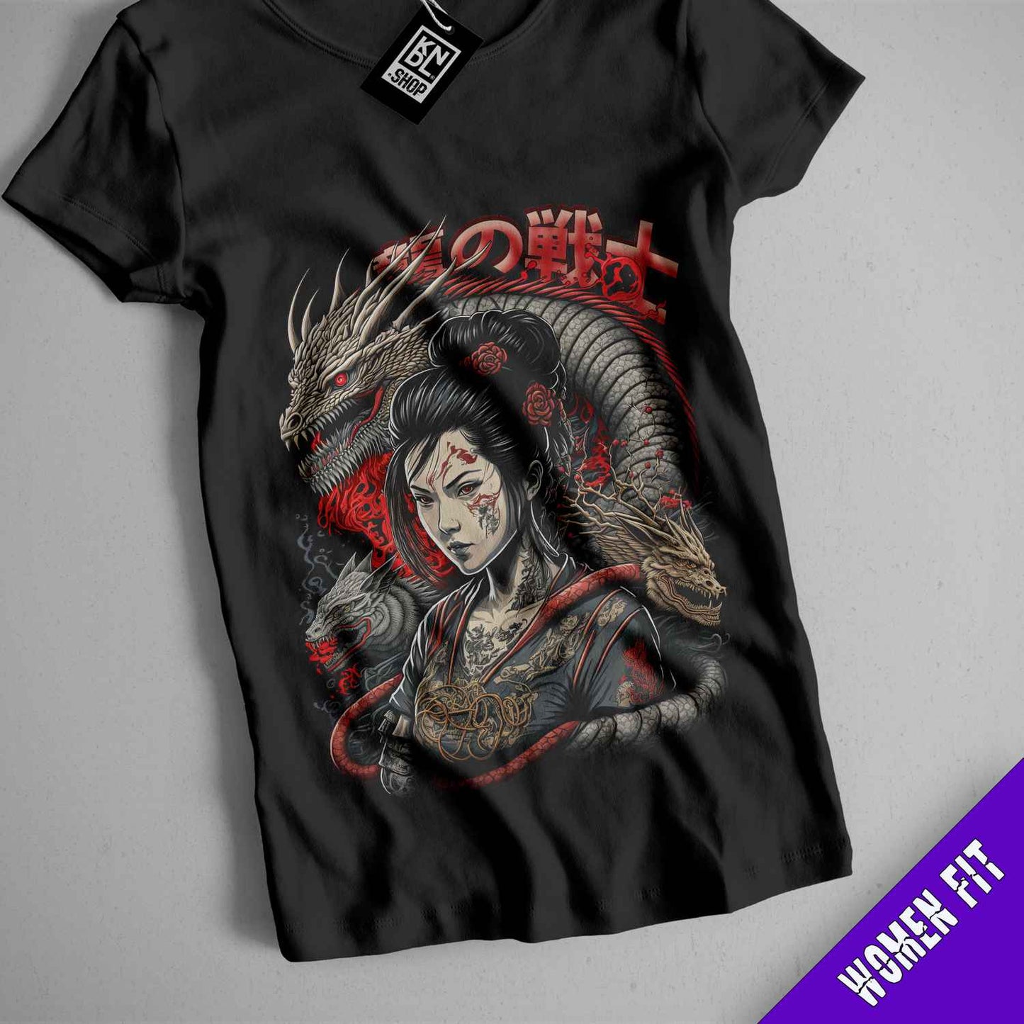 a black t - shirt with a picture of a woman and a dragon on it