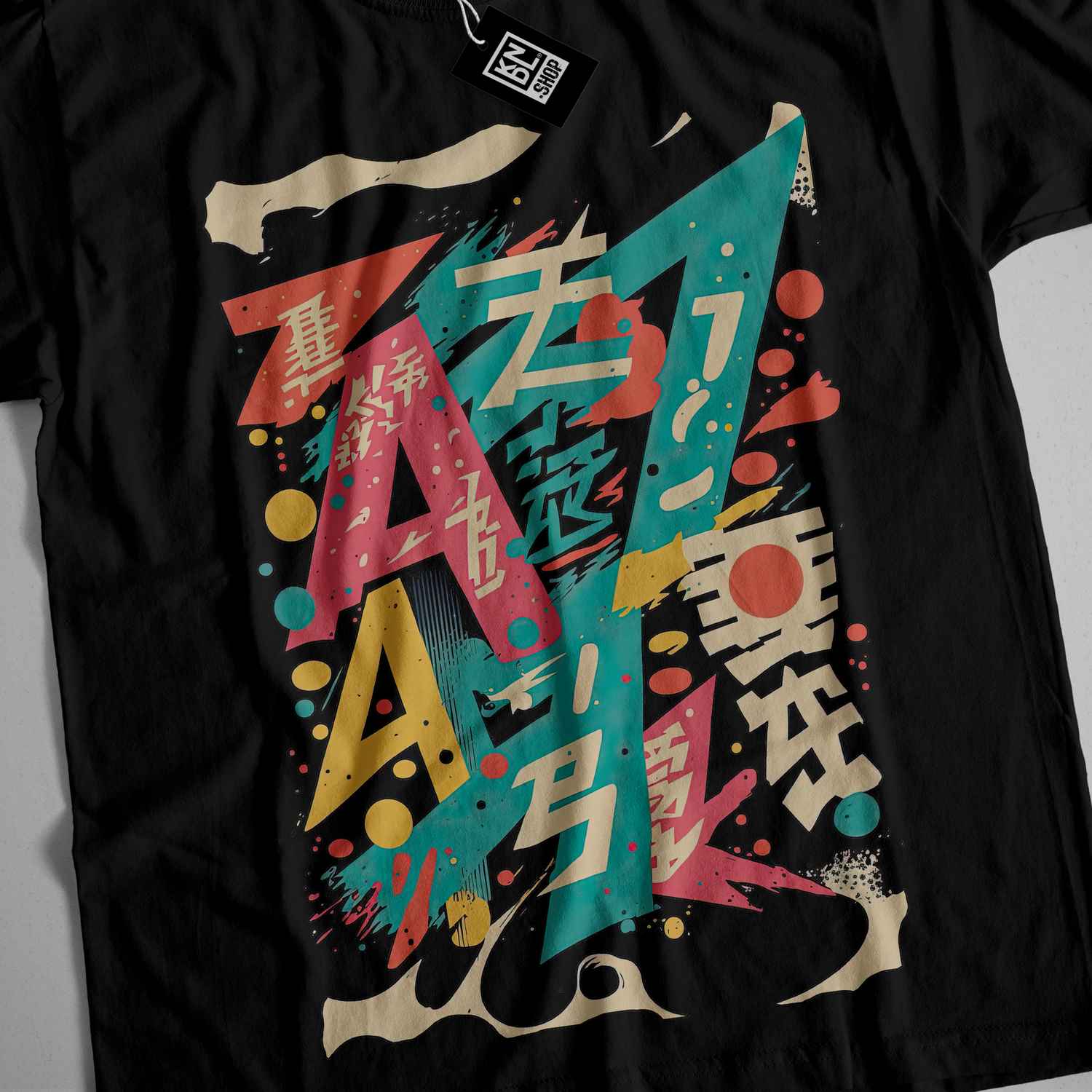 a black t - shirt with a colorful design on it