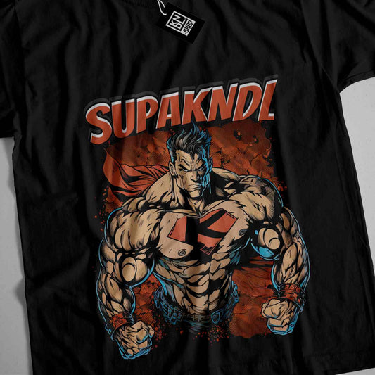 a black t - shirt with a picture of a man in a superman costume