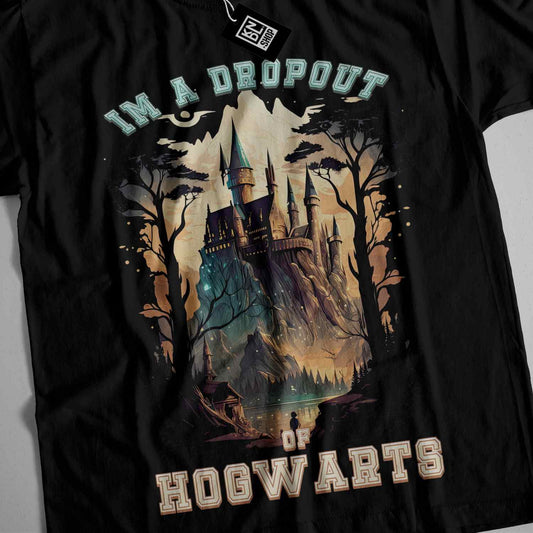 a black t - shirt with a hogwarts castle on it