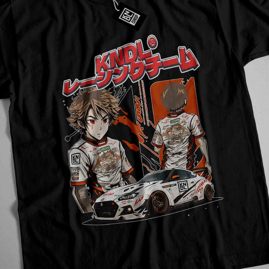 a t - shirt with a picture of two people in front of a car