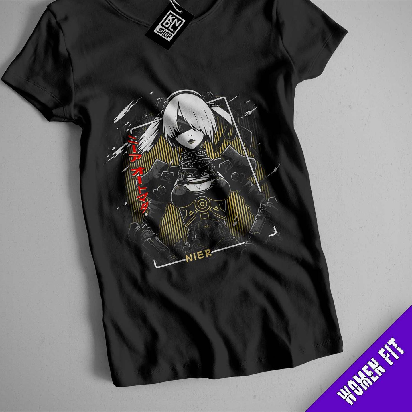 a black t - shirt with a picture of a girl holding a sword